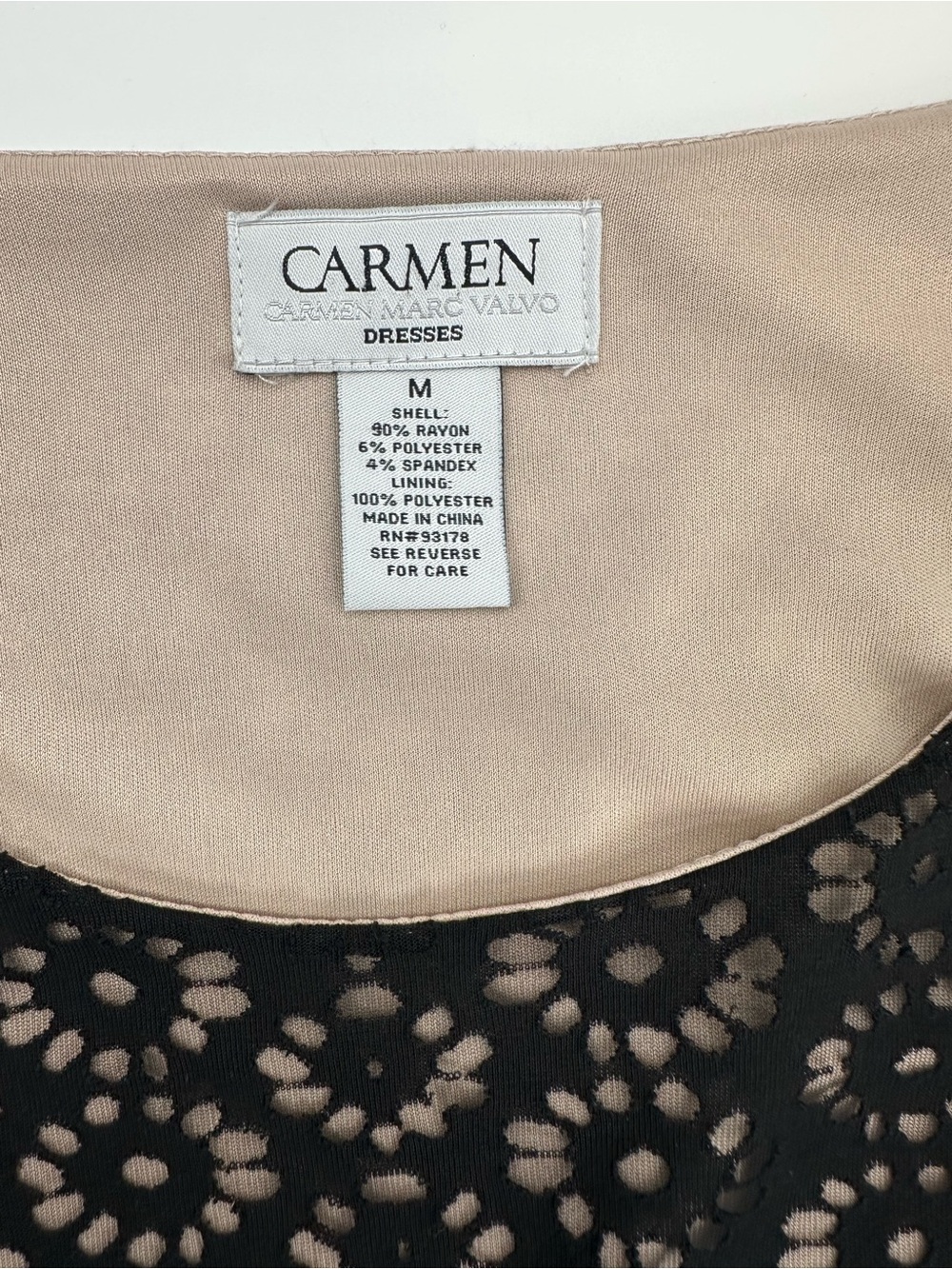Carmen Marc Valvo Black Lace Sheath Dress Medium Nude Lined Midi Cocktail 1240 - Picture 9 of 10